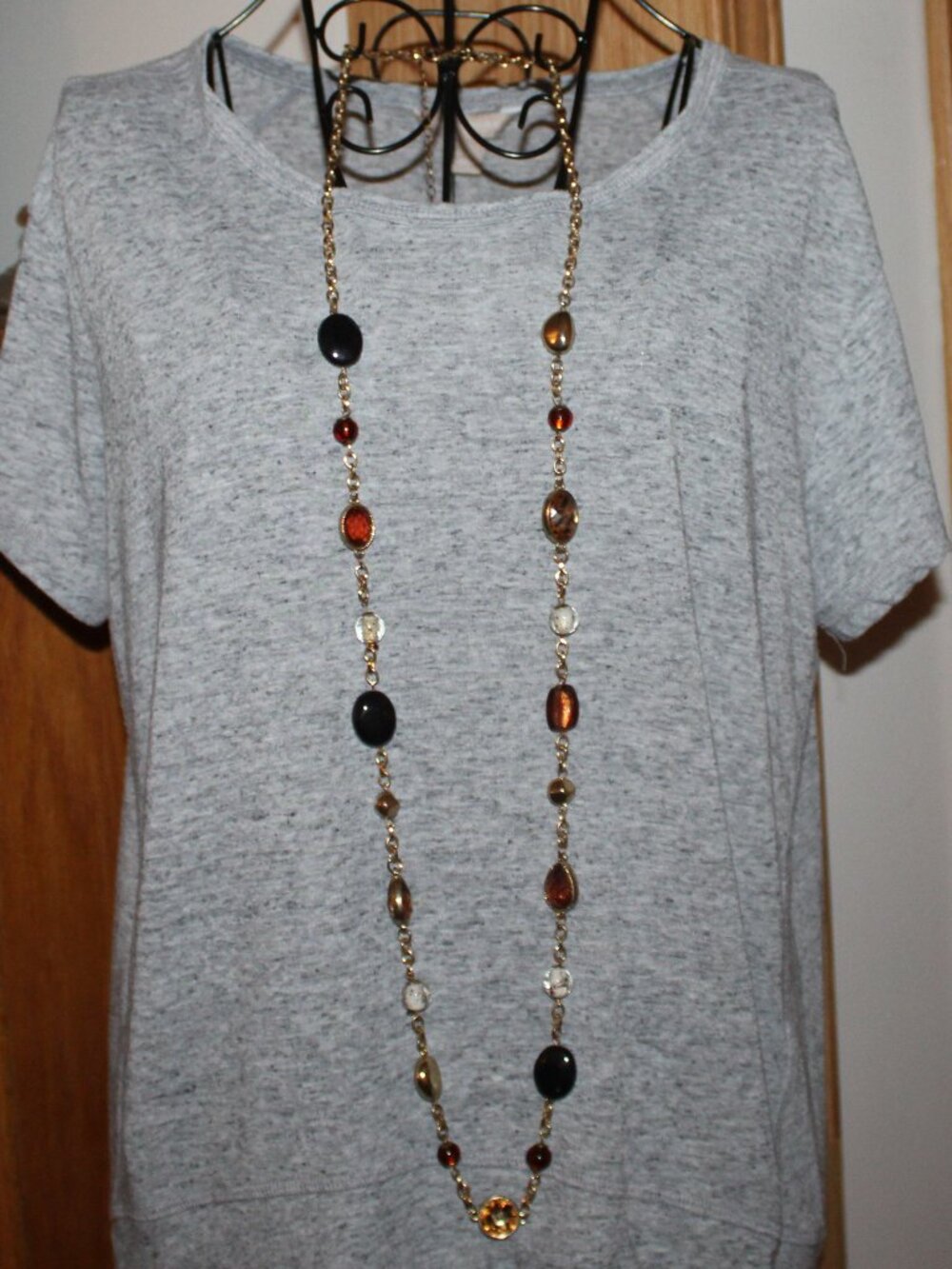 Chunky Beaded Necklace 46" Chain Large Beads for Layering Multicolor Earth Tones